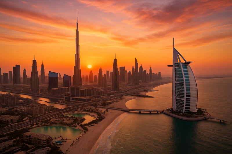 A breathtaking view of Dubai's modern skyline and iconic landmarks at sunset.