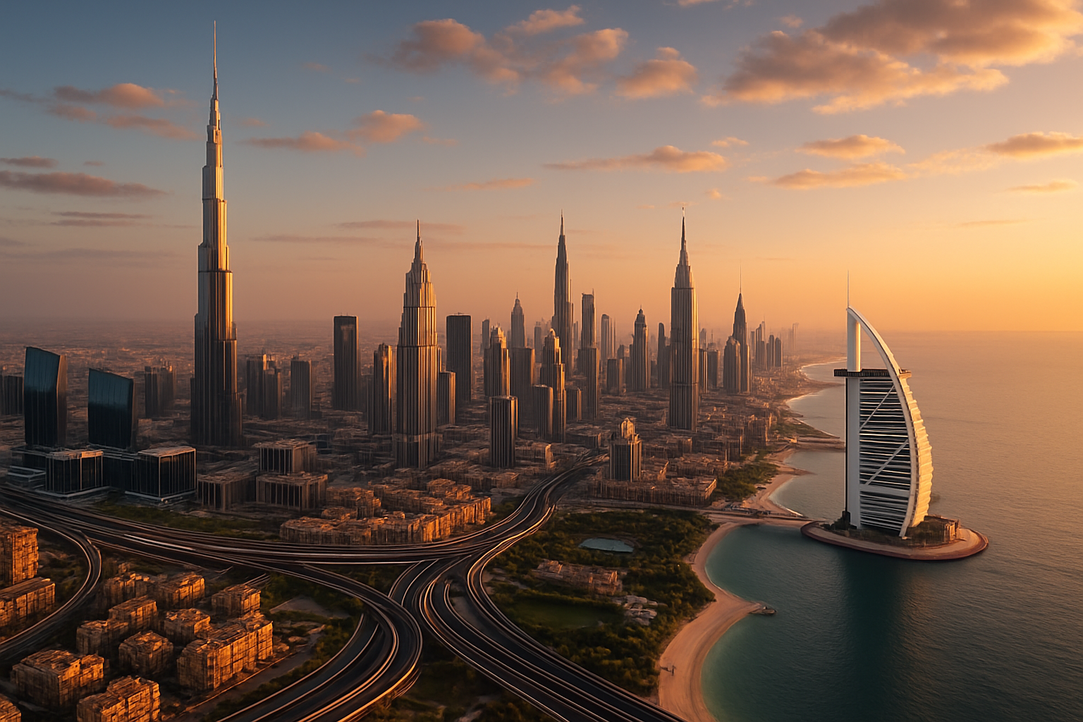 Luxury skyline view of Dubai with iconic landmarks
